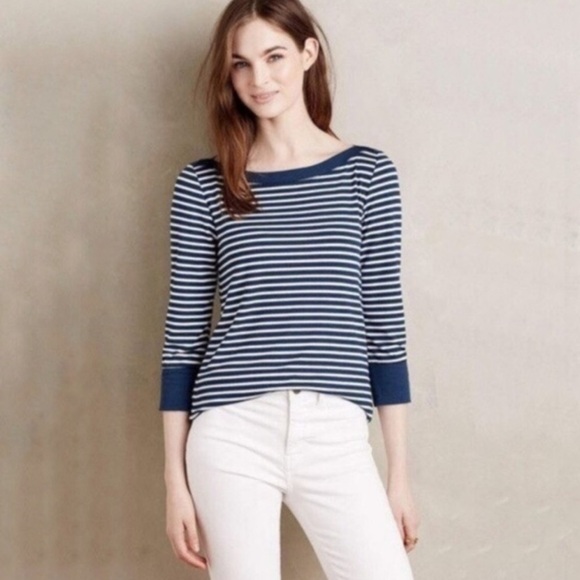 Akemi & Kin Anthropologie Tee Navy Blue White Breton Stripe Medium Boat Neck - Picture 1 of 10